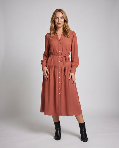 Damen Midikleid mit schickem Knopfdesign und dekorativem Taillengürtel