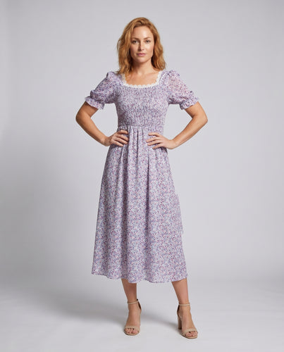 Damen Midi-Kleid mit elastischem Bund und romantischem floralem Muster