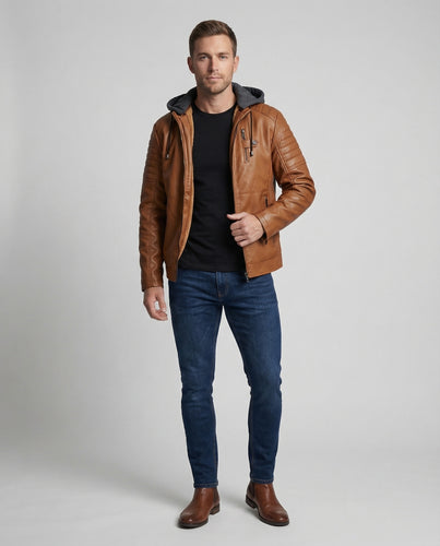 Herren Lederblouson mit Sweatkapuze & Steppdetails