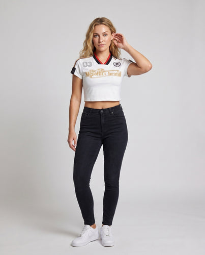 Damen nan kurzes Funktions-Fußballshirt im Retro-Stil mit V-Ausschnitt und Schulterstreifen R&B