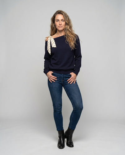 Damen nan asymmetrischer Ein-Schulter-Feinstrickpullover mit dekorativer Schleifen-Schulterpartie R&B