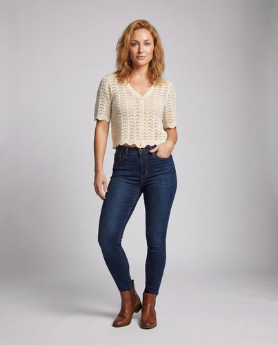 Damen Kurzärmeliger Strickpullover mit Knopfleiste R&B