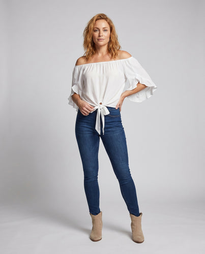 Damen luftiges Off-Shoulder Oberteil mit Knoten R&B