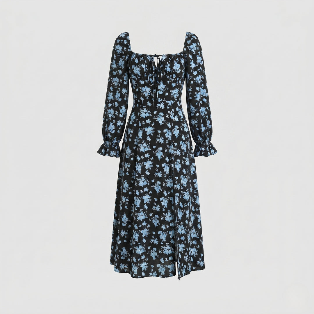 Damen Maxikleid mit tailliertem Schnitt und floralen Rüschendetails R&B