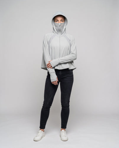 Damen Funktionsjacke mit integriertem UV-Schutz und kopfbedeckender Kapuze R&B