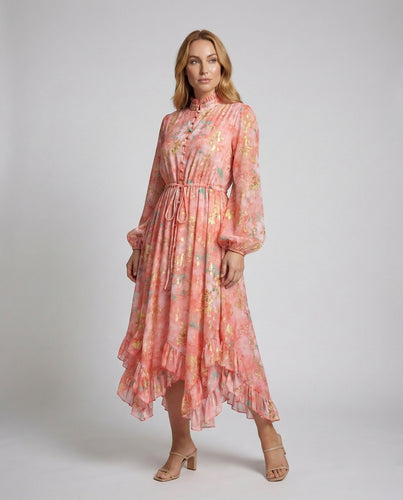 Damen Maxikleid mit Stehkragen und Gürtel