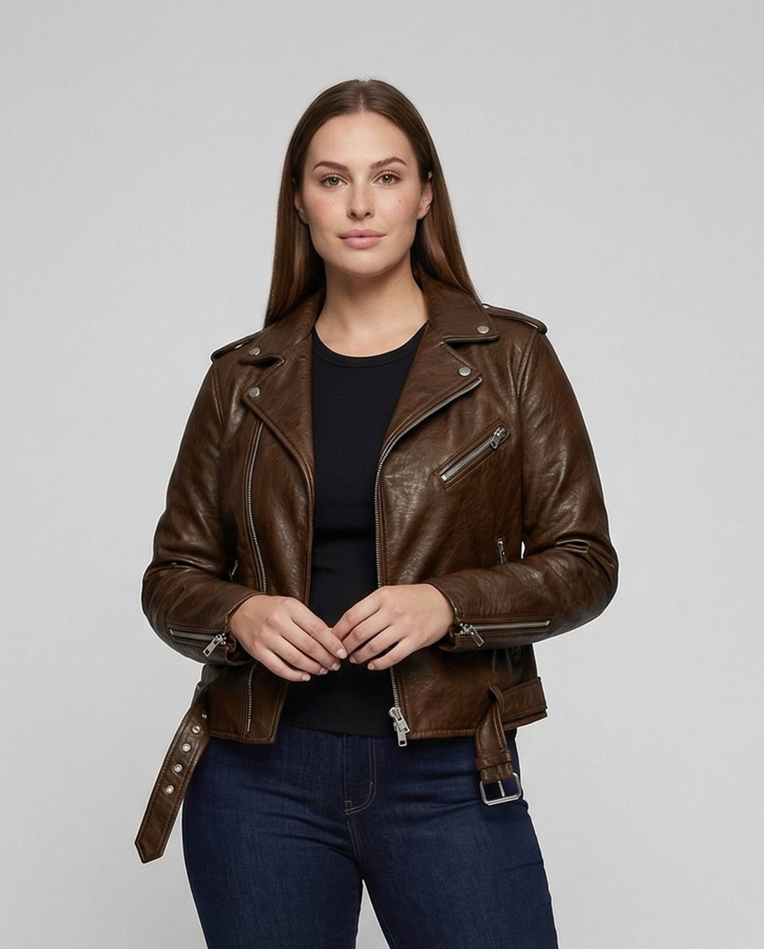 Damen Bikerjacke Kunstleder Tailliert Asymmetrischer Reißverschluss