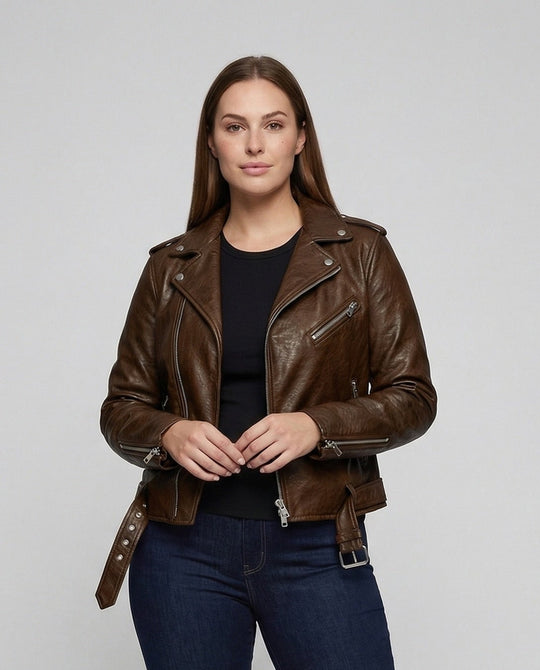Damen Bikerjacke Kunstleder Tailliert Asymmetrischer Reißverschluss