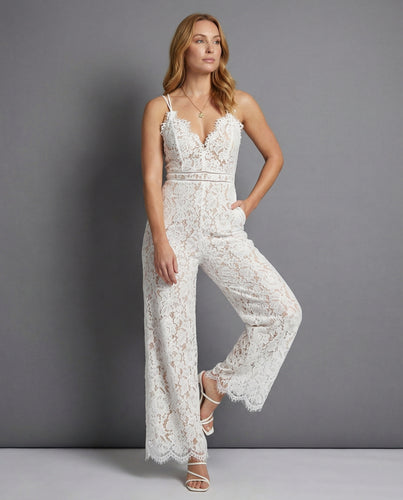 Damen Eleganter Spitzen-Jumpsuit mit tiefem V-Ausschnitt und weitem Bein R&B