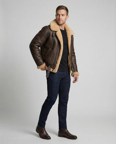 Herren Aviator-Pilotenjacke aus Kunstleder mit breitem Kragen & Reißverschluss | R&B