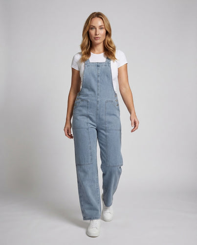 Damen Weite Denim Latzhose mit Geradem Bein und Großen Taschen