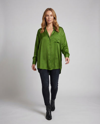 Damen Oversize Satin-Hemdbluse V-Ausschnitt