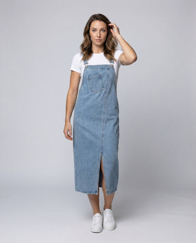Damen Jeans-Latzkleid Midi-Länge Seitlicher Schlitz