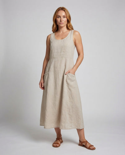Damen Leinenpaneel-Maxikleid Rundhalsausschnitt