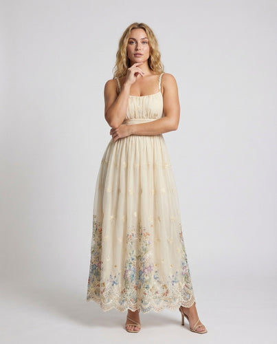 Damen Tüll-Maxikleid Miederpasse Florale Stickerei