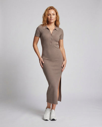 Damen Polokragen-Strickmaxikleid Knopfleiste Beinschlitz
