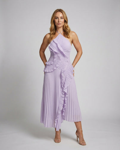 Damen Plissiertes Midaxi-Kleid Skulpturale Rüschenbahn