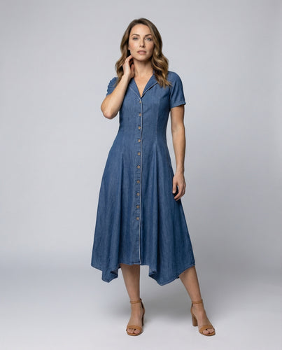 Damen Midikleid Denim-Look Schmeichelnde Abnäher