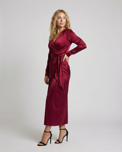 Damen Satin-Wickelkleid Seitliche Schleifenbindung