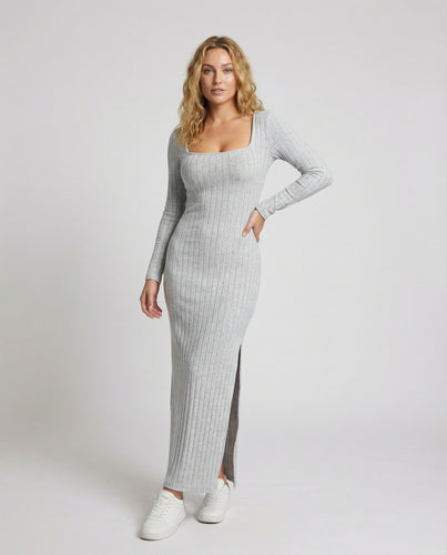Damen Rippstrick-Maxikleid Quadratischer Ausschnitt