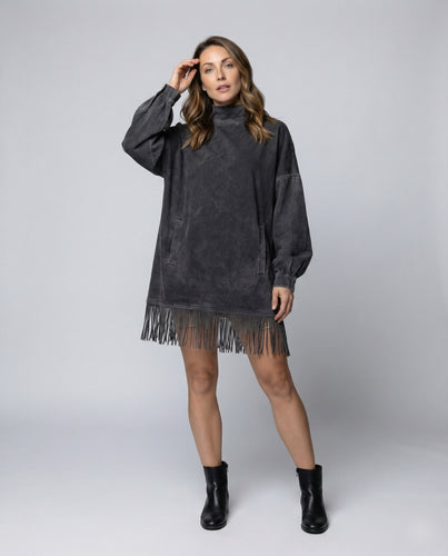 Damen Sweatshirt-Minikleid Fransen Stehkragen