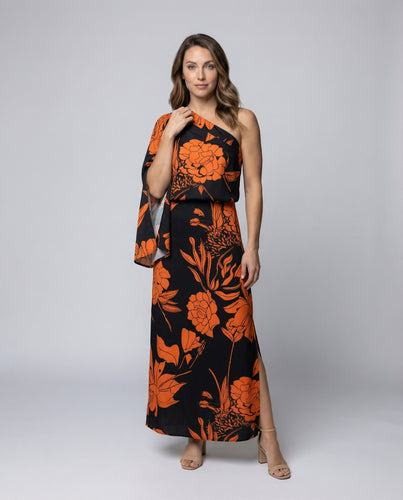 Damen einschultriges Maxikleid mit Cape-Ärmel