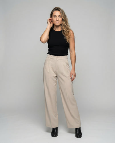 Damen hochtaillierte Bundfaltenhose mit weitem Bein