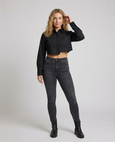 Damen Hemdbluse Asymmetrisch Cropped Langarm