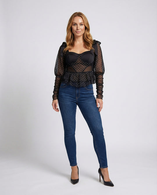 Damen Bustierbluse Gepolstert Chiffonärmel