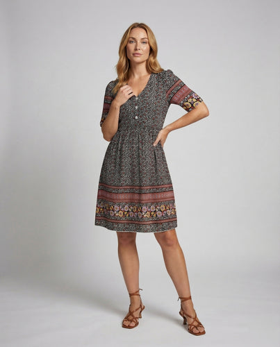 Damen luftiges Boho-Knopfkleid mit gesmokter Taille