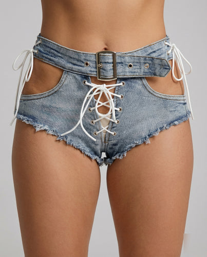 Damen Jeans Shorts Korsett Schnürung