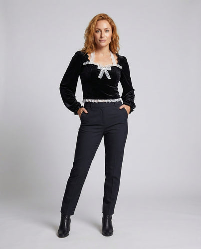 Damen Samt-Cropped-Top Spitze Ballonärmeln