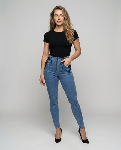 Damen Detailreiche Ösenschnürung Skinny-Jeans