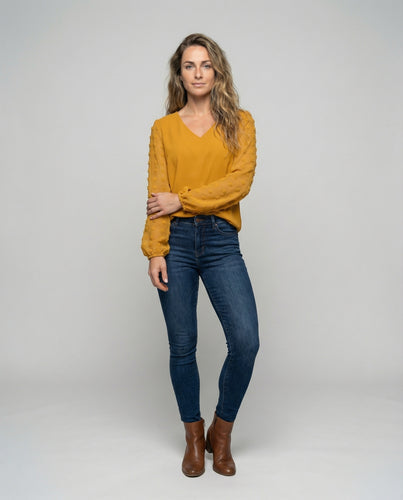 Damen V-Ausschnitt-Chiffonbluse 3D-Punkteärmeln