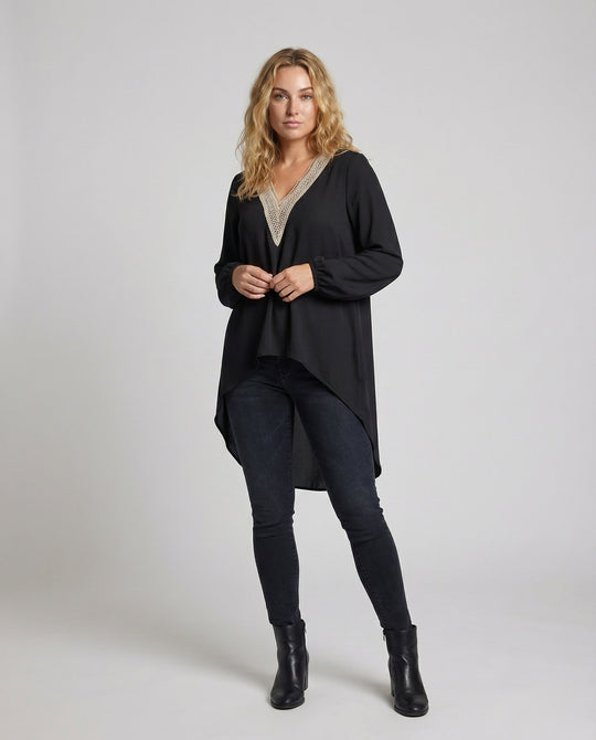 Damen V-Ausschnitt-Tunika Spitze Asymmetrisch