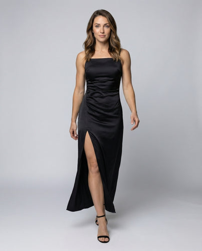 Damen Satin-Maxikleid mit Seitendrapierung