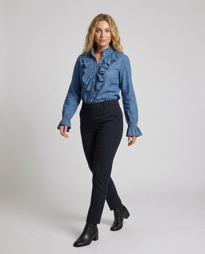 Damen Chambray Bluse mit Lagenvolants