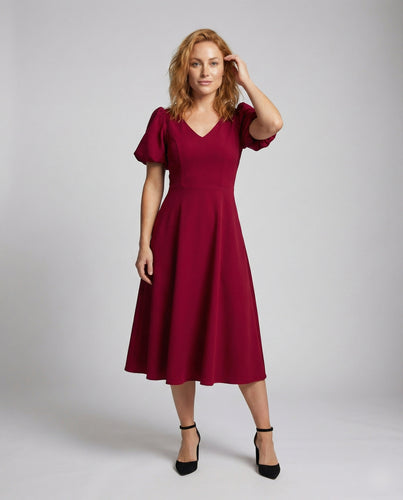 Damen A-Linien Midikleid mit Puffärmeln