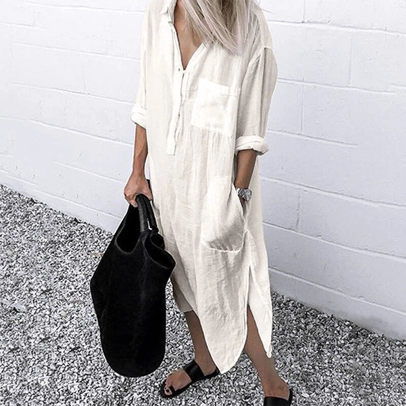 R&B | Lockeres Langes Kleid mit Langen Ärmeln und Seitentaschen Kleid