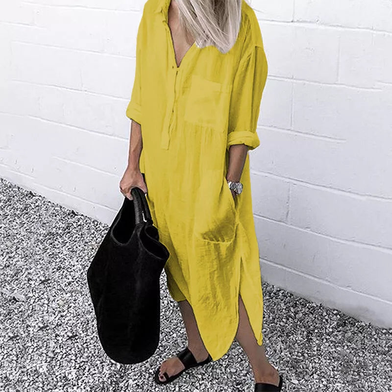 R&B | Lockeres Langes Kleid mit Langen Ärmeln und Seitentaschen Kleid