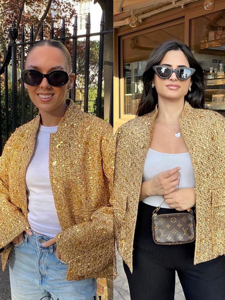 R&B | Damen Bomberjacke mit goldenen Pailletten und lässiger Passform für Party oder FreizeitgR&Brauch