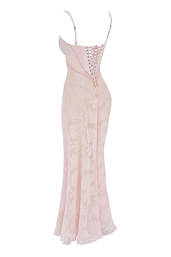 Retro Cremefarbene Maxi Kleid Mit Spitzeneinsatz hinten