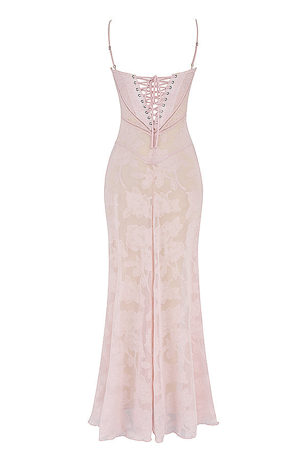 Retro Cremefarbene Maxi Kleid Mit Spitzeneinsatz hinten