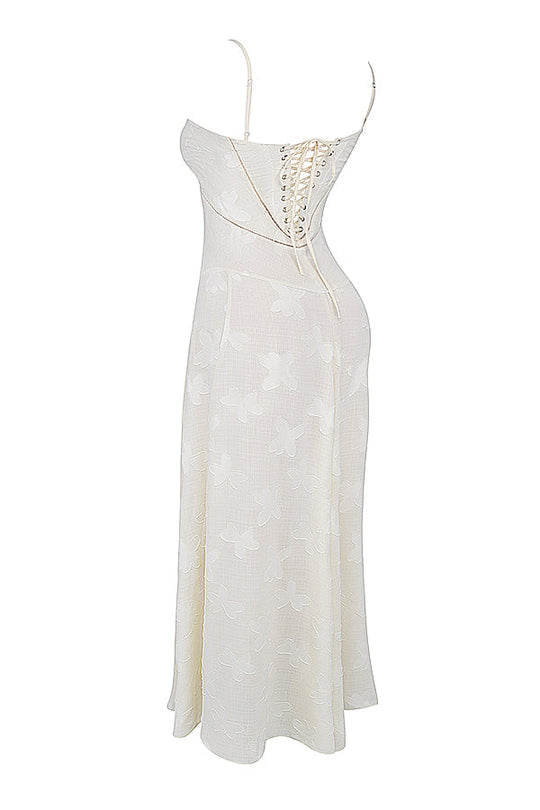 Retro Cremefarbene Maxi Kleid Mit Spitzeneinsatz hinten