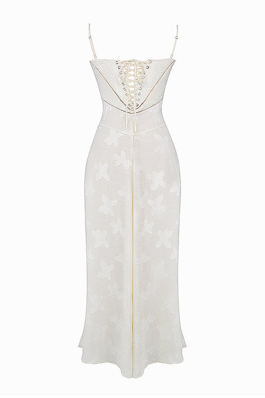 Retro Cremefarbene Maxi Kleid Mit Spitzeneinsatz hinten