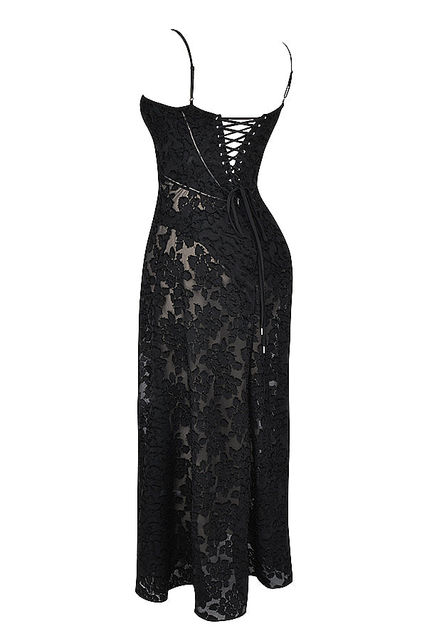 Retro Cremefarbene Maxi Kleid Mit Spitzeneinsatz hinten