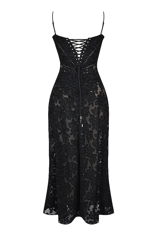 Retro Cremefarbene Maxi Kleid Mit Spitzeneinsatz hinten