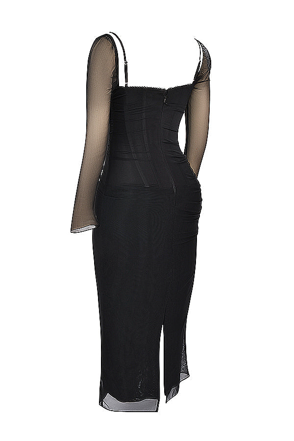 R&B | Elegantes Maxikleid mit tiefem Ausschnitt und langen Ärmeln