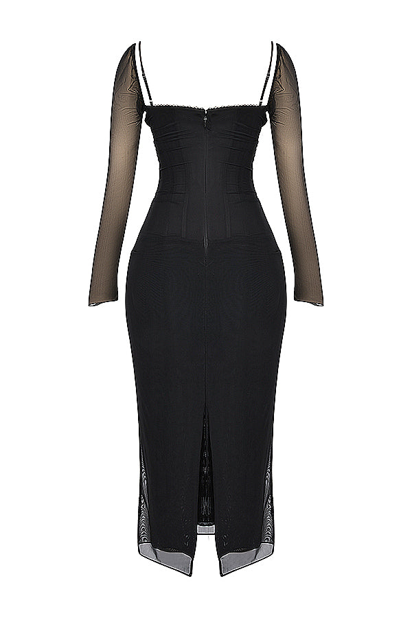 R&B | Elegantes Maxikleid mit tiefem Ausschnitt und langen Ärmeln