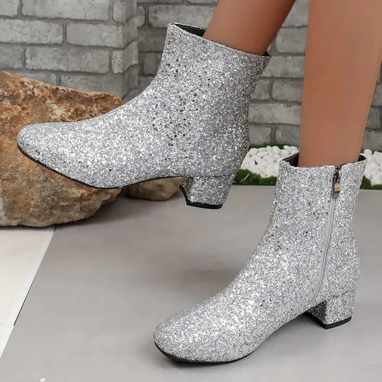R&B | Stiefeletten Pailletten Party Stil Seitlicher Reißverschluss Blockabsatz Statement Schuhe